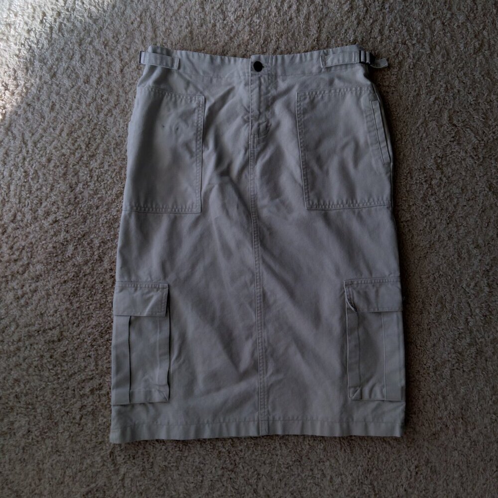 Vintage Y2K Doki Geki Khaki Tan Cargo Midi Skirt with Buckle Detail Size Medium